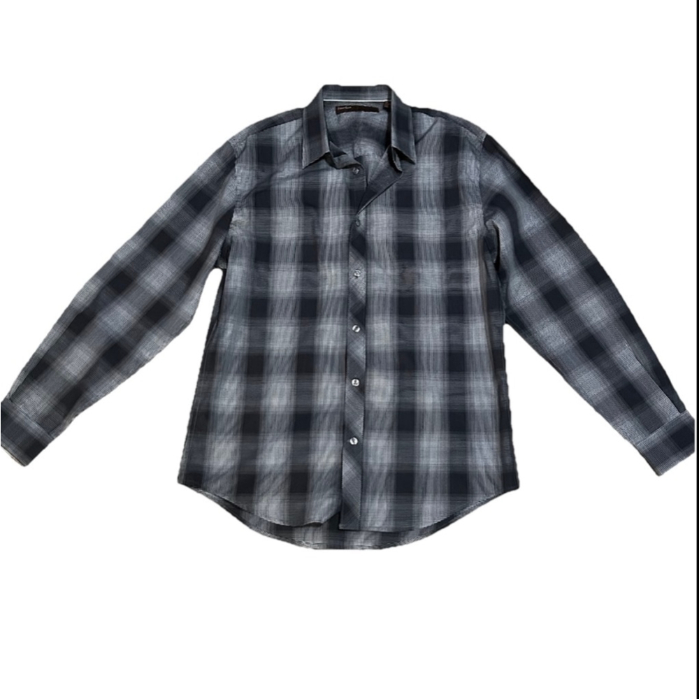 Men's Perry Ellis Button Down Shirt M Black Grey Plaid